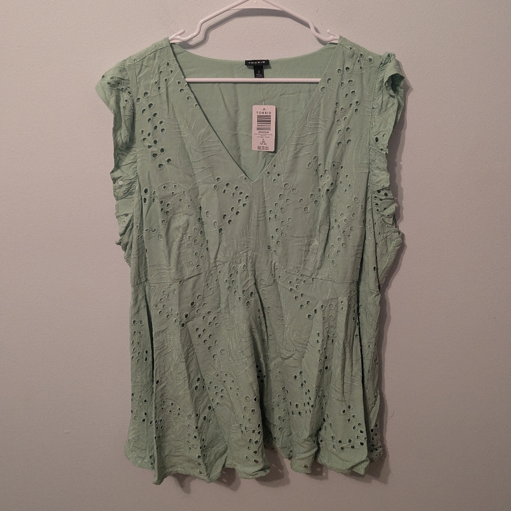 NWT Torrid Light Green Eyelet Ruffle Sleeve Babydoll Top Size 3X
